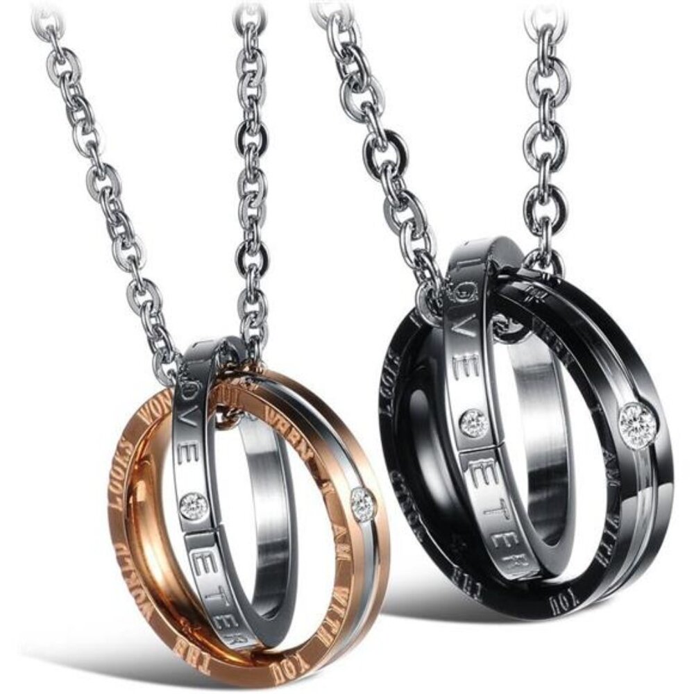 His Hers Matching Set Necklace For Couples Titanium Stainless Steel Promise